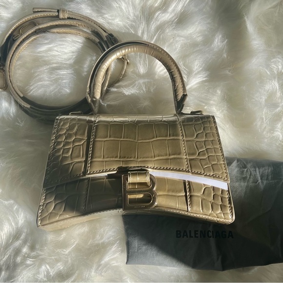 Balenciaga Hourglass XS Metallic Croc-Embossed Top-Handle Bag in Light Gold - Picture 4 of 11